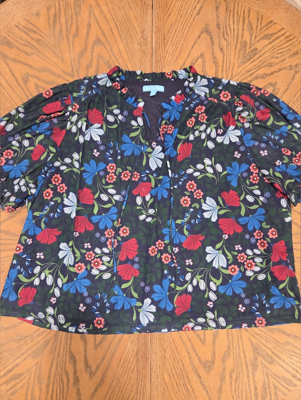 Draper James Elbow Sleeve Tie Front Top Blouse Women XXL Navy Floral Cottagecore